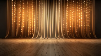 Movie or theater curtain with spotlights and wooden floor. 