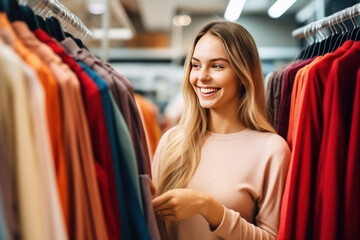 Smiling young woman choosing clothes in clothing store. Shopping concept.