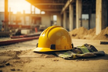 Safety helmet and hard hat on construction site, construction concept.