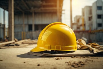Safety helmet and hard hat on construction site, construction concept.