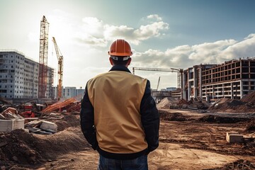 Back view of male engineer standing on construction site with building under construction