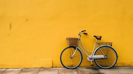 Plexiglas foto achterwand Vintage bicycle with yellow wall background - vintage filter and soft focus © ttonaorh