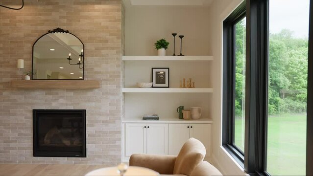 Panning shot of white living room shelves by a sunlit window, adorned with plants, photos, and pottery next to a cozy fireplace