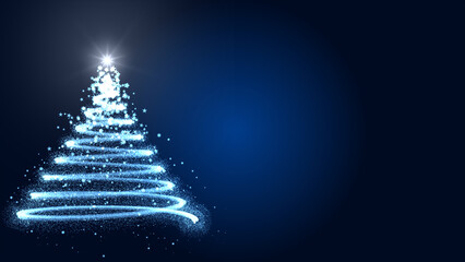 Christmas Tree Card with Particles and Glowing Star on Blue Background