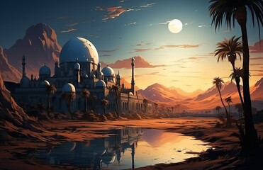 Illustration of a beautiful mosque in the desert surrounded by mountains and a beautiful moon