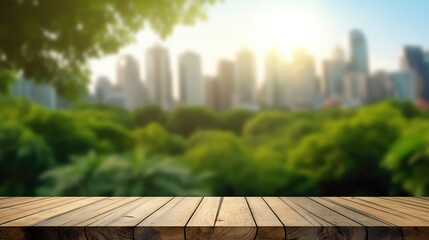 Table background and spring time, Empty wood table top and blurred green tree in the park garden background, Empty wooden table with defocused green lush foliage at background