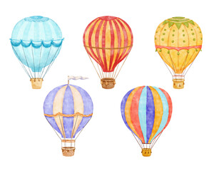 Cute Hot air balloon set. Watercolor retro childish illustrations isolated on white.