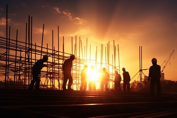 Silhouette engineer and worker working on construction site with sunset background