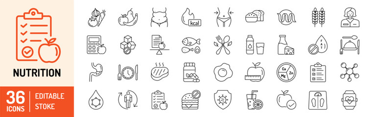 Nutrition editable stroke outline Icons set. Vitamins, calories, nutrition, fruits, vegetables, water, obesity, fiber, protein, sugar free, meal plan and carbohydrate. Vector illustration