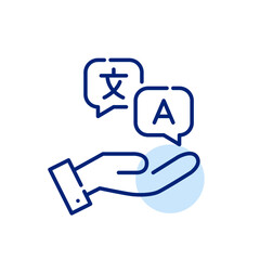 Hand holding speech bubbles with translation symbols. Pixel perfect, editable stroke icon