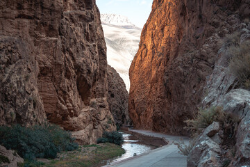 Narrow road through the Dades Gorge Valley Canyon, Atlas Mountains in Morocco