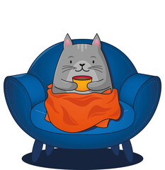 Digital png illustration of cat on chair under blanket holding cup on transparent background