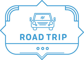 Digital png illustration of road trip text and car in blue on sign on transparent background