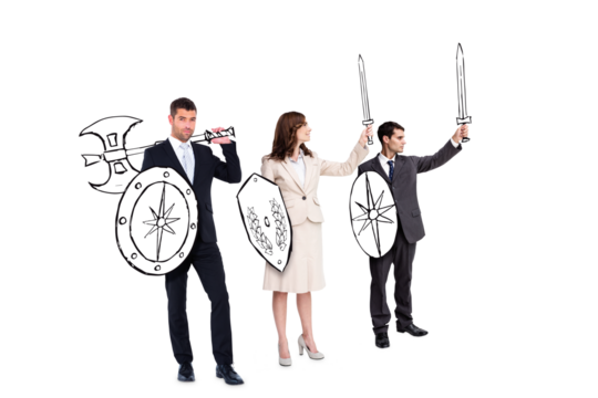 Digital png photo of diverse business people with shields and swords on transparent background - Powered by Adobe
