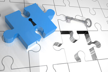 Digital png illustration of puzzle pieces with key on transparent background