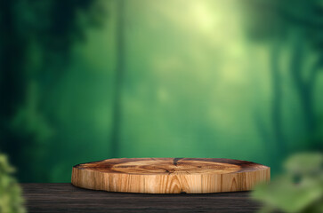 Round wooden saw cut cylinder shape on Green background abstract background. Minimal box and geometric podium. Scene with geometrical forms. Empty showcase for eco cosmetic product presentation
