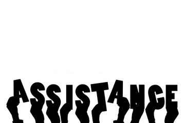 Digital png illustration of hands holding assistance text on transparent background