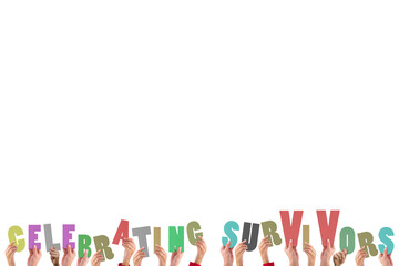 Digital png illustration of hands holding celebrating survivors text on transparent background
