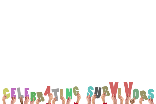 Digital png illustration of hands holding celebrating survivors text on transparent background