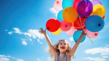Cheerful funny child holding colourful balloons on a sky background. Generative AI