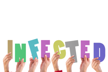 Digital png illustration of hands holding infected text on transparent background