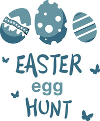 Digital png illustration of easter eggs and easter egg hunt text on transparent background