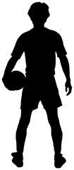 Digital png illustration of silhouette of sportsman holding ball on transparent background