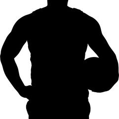 Digital png silhouette of midsection of male footballer holding ball on transparent background