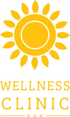 Digital png of wellness clinic text in yellow with sun and flower design on transparent background