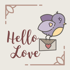Digital png of hello love text and bird carrying letter wit heart on transparent background