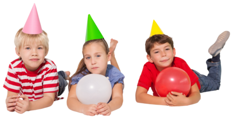 Digital png photo of caucasian children in party hats with balloons on transparent background