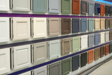wood cabinet door samples in market in a row