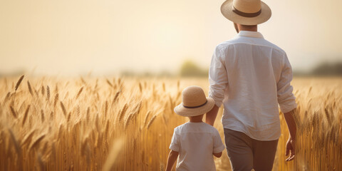 Back view of a father with his son in a ripe wheat field