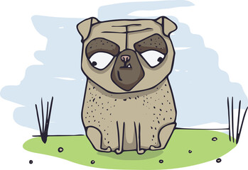 Digital png illustration of sitting pug dog outdoors on transparent background