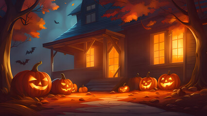 Illustration of halloween pumpkin and house.