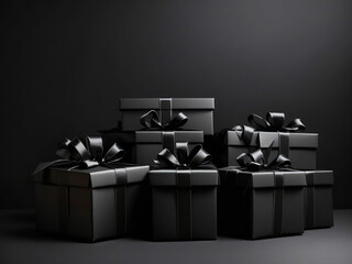 Arranged Gifts boxes wrapped in black paper with black ribbon on black background. Christmas concept
Wrapped Gift Boxes with black paper flowers and decorations and square gift tag,Mockup  High angle 