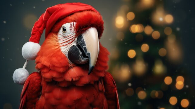 a photograph of parrot wearing santa clause costume and hat for christmas celebration generative ai