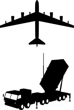 black silhouette bomber plane and missile launcher clip art preview