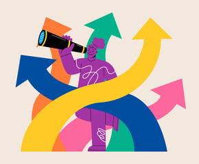 Female search for or figure out right life, or direction. Colorful vector illustration