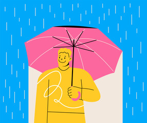 Man hiding under umbrella. Beauty in the rain. Colorful vector illustration