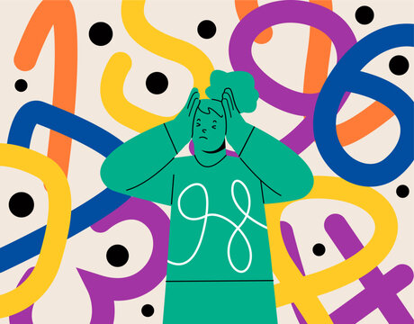 Obsessive compulsive disorder symptoms with woman fear, has intrusive thoughts and counting. OCD concept about numbers counting obsession. Colorful vector illustration