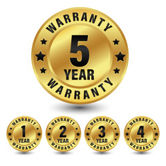 Collection of warranty number 1, 2, 3, 4, 5 year label badge gold and black style, Set of warranty logo design isolated on white background, Vector golden warranty and illustration.