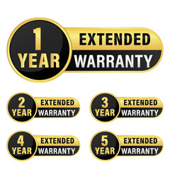 Collection of warranty number 1, 2, 3, 4, 5 year label badge gold and black style, Set of warranty logo design isolated on white background, Vector golden warranty and illustration.