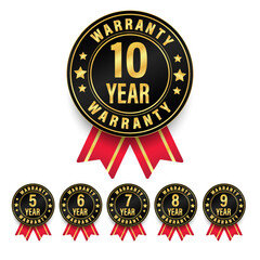 Collection of warranty number 6, 7, 8, 9, 10 year label badge gold, black and red ribbon style, Set of warranty logo design isolated on white background, Vector golden warranty and illustration.