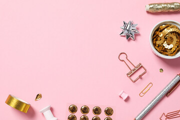 Scrapbooking, on a pink background, with space for text.