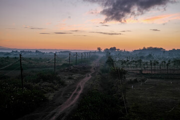 sunrise over the dirt road, sunrise at a village, sunrise over the field, view of the sunrise in a village in Lombok