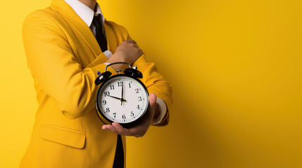man holding alarm clock against yellow backdrop, closeup  