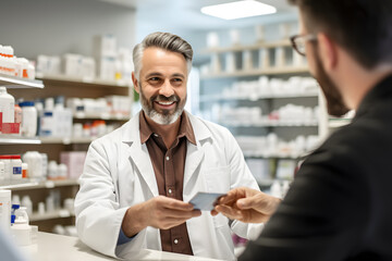 A pharmacist filling a prescription and handing it to a customer