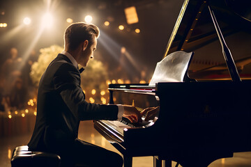 A pianist wearing a tuxedo and playing a classical piece on a grand piano