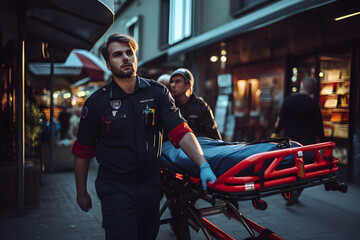 A paramedic carrying a stretcher with an injured person